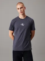 Remera gris de manga corta con cuello redondo y logo de Calvin Klein Jeans estampado en el pecho.