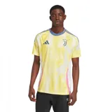 Camiseta de fútbol Adidas del Juventus F.C., modelo Alternativa temporada 24/25, para hombre. Diseño a rayas verticales amarillas y blancas con detalles en azul y rosa en cuello, mangas y laterales.