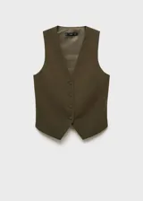 Chaleco negro con cuello en pico, diseño crop y cierre frontal con botones.