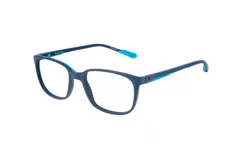 Armazones de acetato en color gris con detalles en azul, de diseño moderno y rectangular.
