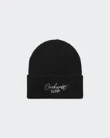Gorro de lana negro con logo bordado en blanco de la marca Carhartt WIP.