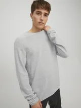 Sweater de punto gris claro jaspeado, de manga larga y cuello redondo.