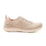 Championes deportivos Skechers Virtue color beige, tipo slip-on, con capellada de tejido knit técnico, cordones elásticos y plantilla Memory Foam.