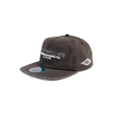 Gorro snapback gris oscuro con logo de la marca bordado en blanco en el frente.