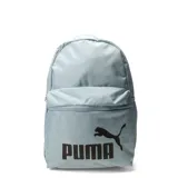 Mochila Puma Phase Backpack III, color celeste jaspeado, con logo y nombre de la marca en negro en el frente. Posee un compartimento principal con cierre y un bolsillo frontal con cierre. Incluye bolsillo lateral de malla.
