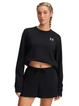 Buzo Under Armour de mujer, color negro, de corte holgado y cuello redondo. Presenta el logo de la marca estampado en el pecho.