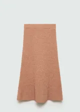 Falda midi color beige de tejido de punto acanalado con diseño evasé.