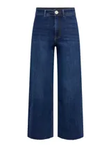 Pantalón de jean azul oscuro, corte wide leg, tiro alto y largo cropped.