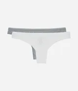 Pack de dos bombachas tipo bikini hilo, una blanca lisa y otra gris con estampado de la palabra LOVE.