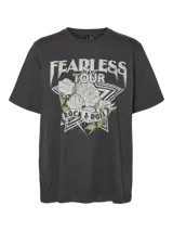 Camiseta gris oscuro de algodón con cuello redondo y estampado frontal con la frase 'Fearless Tour' con rosas y rayos.