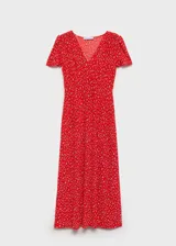 Vestido midi marrón con estampado de lunares blancos, escote en V, mangas cortas abullonadas y corte entallado.