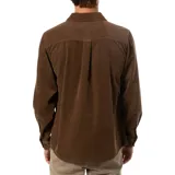 Camisa marrón de pana con botones, manga larga y bolsillo en el pecho.