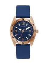 Reloj Guess deportivo para hombre, con caja dorada, cuadrante azul con detalles en dorado y correa de silicona azul.