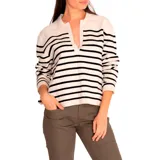 Sweater de punto color crema con rayas horizontales negras, cuello polo con escote en V y mangas largas.