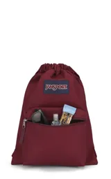 Mochila JanSport Draw Sack negra con ajuste de cordón y bolsillo frontal con cierre.