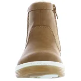 Bota con cierre lateral y borde peludito, color tostado, ideal para climas fríos.