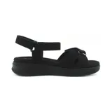 Sandalia de plataforma color beige, con tiras anchas cruzadas en el empeine y tira de ajuste en el tobillo, todas con cierre de velcro. La suela es gruesa y texturizada.