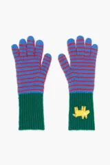 Guantes de punto a rayas horizontales color naranja y blanco, con puños azules y aplique de perro negro.
