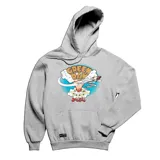 Canguro gris con capucha y cordones ajustables. Estampado frontal con el logo de Green Day y un avión con una explosión.