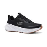 Championes deportivos Skechers Edgeride Rekze, color negro con logo blanco, entresuela blanca con tecnología Edgeride y suela marrón. Fabricados con materiales veganos y contenido reciclado.