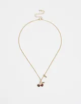 Set de dos collares dorados con dije de cerezas con strass rojos y rosas, y dije con la inscripción "BFF".