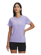 Remera deportiva Under Armour Rival Shimmer para mujer, color lila con logo metalizado en el frente.