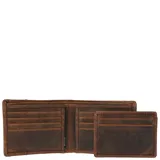 Billetera marrón de cuero y canvas engrasado, con ocho ranuras para tarjetas, tarjetero extraíble con dos bolsillos y ventana, forro interior de poliéster reciclado y tecnología RFID.