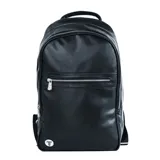 Mochila negra de cuero sintético con doble cierre plateado, asa de mano y tirantes ajustables.