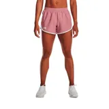 Short Under Armour Fly By 2.0 de mujer color negro con detalles en naranja, con cintura elástica, calce holgado y logo estampado en la pierna izquierda.