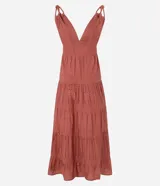 Vestido midi de corte evasé confeccionado en tejido laise de algodón. Presenta escote en V con busto fruncido, breteles finos torcidos con nudos y falda con recortes fruncidos y bordados calados.