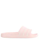 Sandalia Adidas Adilette color rosa con tres tiras blancas horizontales.