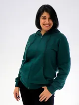 Campera deportiva unisex de algodón con felpa, con capucha, cierre y bolsillo tipo canguro.