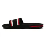 Chanclas negras con base texturizada y tira ancha con logo "BR Sport" y franjas blancas y rojas.