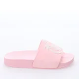 Sandalias rosadas con diseño de palmeras blancas.