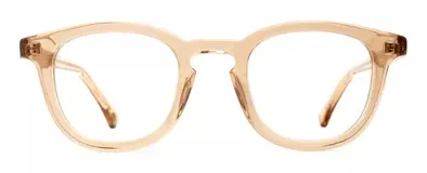 Armazón de receta color beige en forma de panto, con puente de botella y detalles en metal plateado.