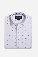 Camisa de hombre de algodón con estampado de hojas, corte slim, manga corta, cartera abotonada y logo bordado.