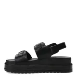 Sandalias negras con plataforma, tiras anchas de cuero sintético y hebillas plateadas.