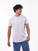 Remera gris con estampado colorido en el pecho, de corte clásico y manga corta.