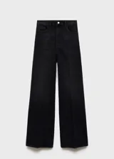 Pantalón de jean negro de corte wideleg, tiro alto, con cierre de cremallera y botón, cinco bolsillos y trabillas.