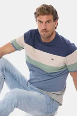 Remera de manga corta con rayas horizontales en azul marino, beige, verde y celeste.