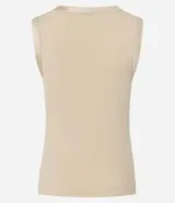 Musculosa blanca de punto con cuello redondo y sisas con detalle satinado.