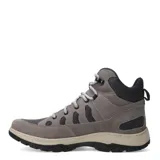 Bota de caña media color gris topo, con cordones y detalles en tela de red negra. Suela de goma negra y beige.