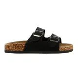 Sandalias bajas negras con dos tiras ajustables con hebilla y plantilla de corcho.