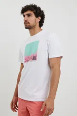 Remera blanca de algodón con estampa rectangular en el frente con imagen de paisaje en tonos celeste, rosa y blanco.