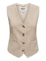 Chaleco color beige de pana con cuello en V, cierre frontal con botones y bolsillos delanteros.