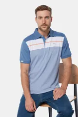 Remera polo de jersey con rayas horizontales en tonos de azul y blanco.