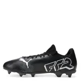 Championes de fútbol Puma modelo Future 7 Play para hombre. Presentan una capellada sintética blanca con el logo de la marca en negro, diseño ergonómico con cordones y suela con tapones en colores rosado y celeste.