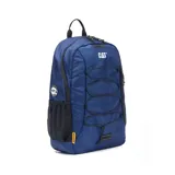 Mochila azul con logo de Caterpillar en blanco, con bolsillo frontal con cordones elásticos cruzados, bolsillos laterales de malla y elementos reflectantes.