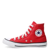Championes Converse Chuck Taylor All Star de caña alta, color rojo con cordones blancos y suela de goma blanca con línea negra.