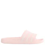 Sandalia Adidas Adilette color rosa con tres tiras blancas.